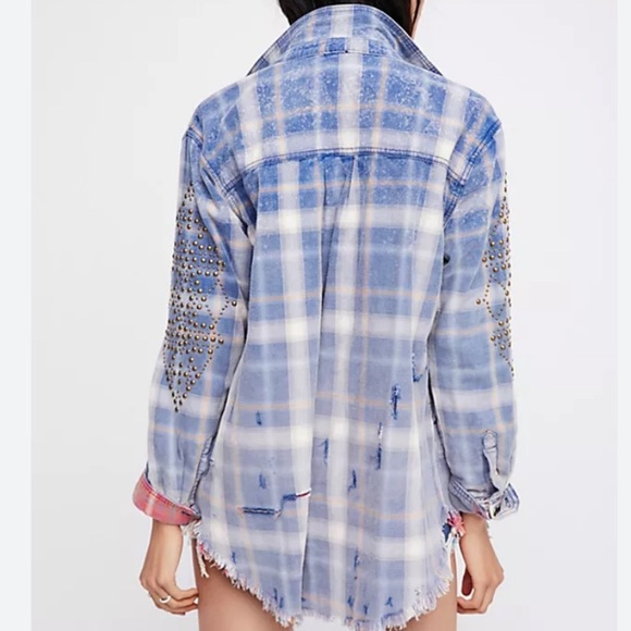 Free People Shacket Deconstructed Shirt Jacket medium distressed plaid flannel - Picture 8 of 8